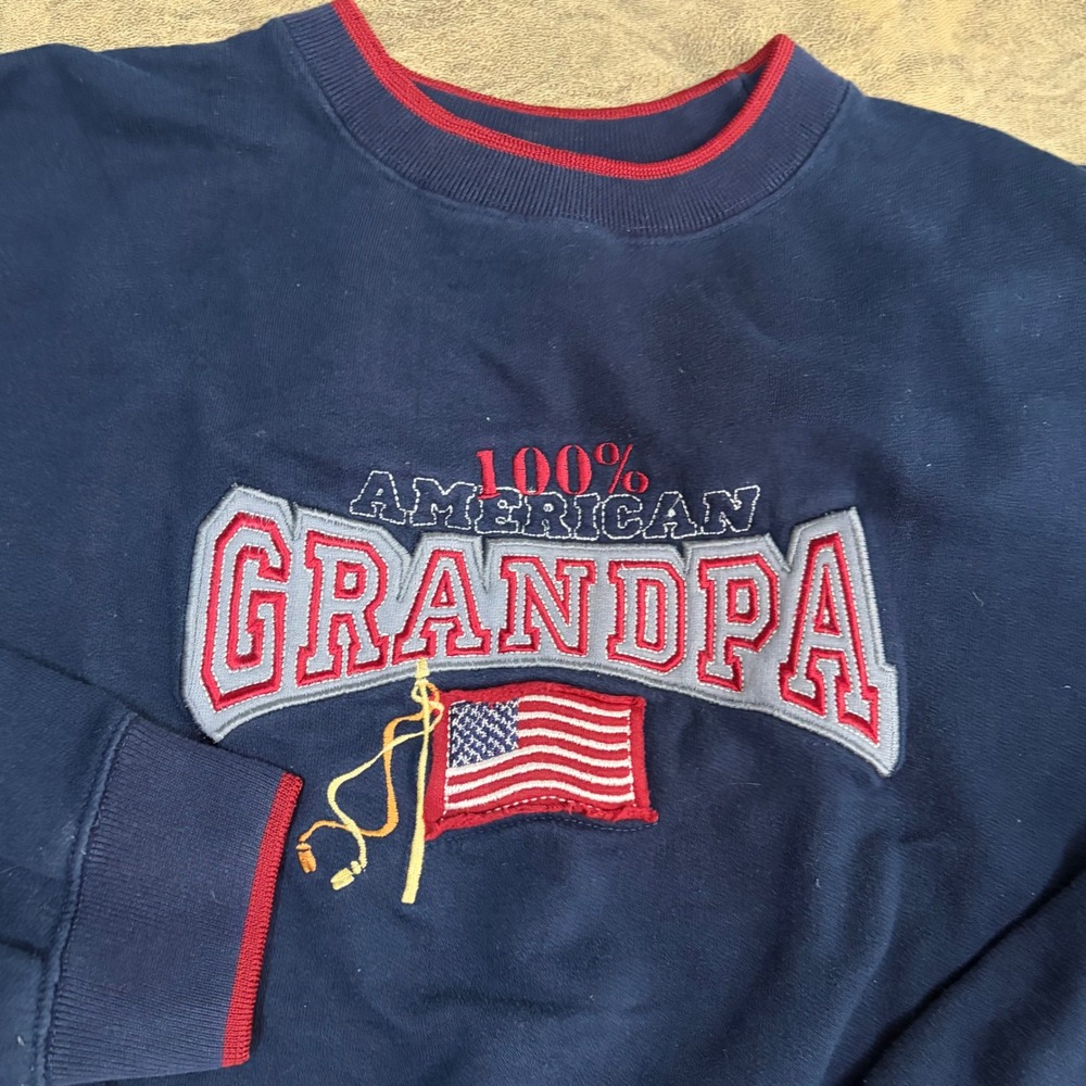 MC Sport Sweatshirt Mens Large Navy Blue 100% American Grandpa Embroidered Flag